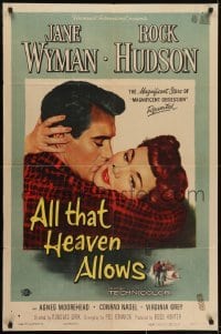 3y036 ALL THAT HEAVEN ALLOWS 1sh 1955 close up romantic art of Rock Hudson kissing Jane Wyman!