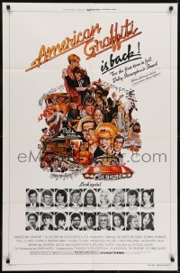 3y043 AMERICAN GRAFFITI 1sh R1978 George Lucas, great wacky Mort Drucker artwork of cast & images!