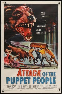 3y060 ATTACK OF THE PUPPET PEOPLE 1sh 1958 Brown art of tiny people with knife attacking dog!