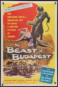 3y078 BEAST OF BUDAPEST 1sh 1958 wild artwork of Russian soldier standing over sexy woman!