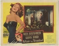 3z374 AFFAIR IN TRINIDAD LC 1952 Rita Hayworth & Ford stare at each other from adjoining rooms!