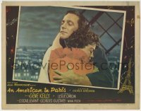 3z384 AMERICAN IN PARIS LC #3 1951 best close up of Gene Kelly embracing pretty Leslie Caron!