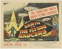 3z077 EARTH VS. THE FLYING SAUCERS TC 1956 Harryhausen sci-fi classic, cool art of UFOs & aliens!