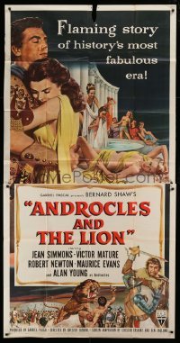 4b520 ANDROCLES & THE LION 3sh 1952 artwork of Victor Mature holding Jean Simmons!