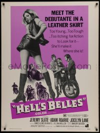 4c374 HELL'S BELLES 30x40 1969 sexy too young too tough biker babe in leather skirt!