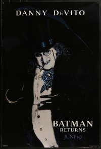 4c469 BATMAN RETURNS teaser 1sh 1992 Burton, close-up of Danny DeVito as the Penguin, dated design!