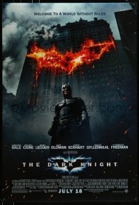 4c539 DARK KNIGHT advance DS 1sh 2008 Christian Bale as Batman in front of burning bat symbol!