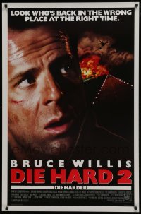 4c558 DIE HARD 2 int'l 1sh 1990 tough guy Bruce Willis, image of airplane and fire over airport!
