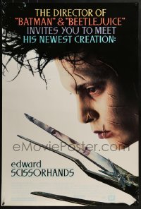 4c572 EDWARD SCISSORHANDS DS 1sh 1990 Tim Burton classic, close up of scarred Johnny Depp!