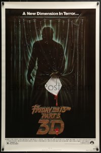 4c603 FRIDAY THE 13th PART 3 - 3D 1sh 1982 slasher sequel, art of Jason stabbing through shower!