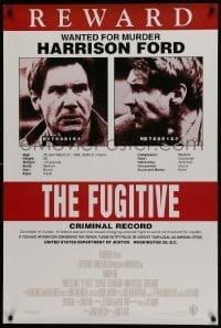4c607 FUGITIVE recalled int'l 1sh 1990s Harrison Ford is on the run, cool wanted poster design!