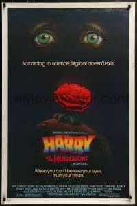 4c638 HARRY & THE HENDERSONS 1sh 1987 John Lithgow, Bigfoot, cool art of eyes and hand holding rose