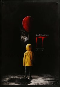 4c671 IT teaser DS 1sh 2017 creepy image of Pennywise handing child balloon, you'll float too!