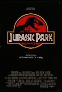 4c688 JURASSIC PARK int'l 1sh 1993 Steven Spielberg, classic logo with T-Rex over red background
