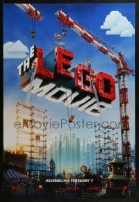 4c719 LEGO MOVIE teaser DS 1sh 2014 cool image of title assembled w/cranes & plastic blocks!