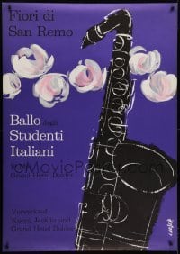 4c133 BALLO DEGLI STUDENTI ITALIANI 36x51 Swiss special poster 1950s art of a saxophone & flowers!