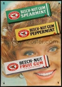 4c181 BEECH-NUT 36x50 Swiss advertising poster 1962 great image of three packs of gum over woman!
