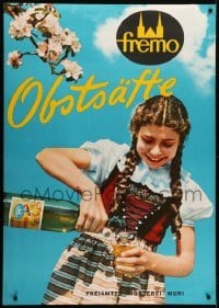 4c207 FREMO 36x50 Swiss advertising poster 1957 girl pouring herself a glass of apple juice!