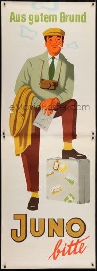 4c233 JUNO 33x94 German advertising poster 1950s great artwork of happy guy with suitcase!