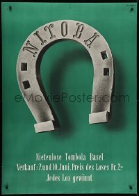 4c156 NIETENLOSE TOMBOLA BASEL green style 36x50 Swiss special poster 1940s image of horseshoe!