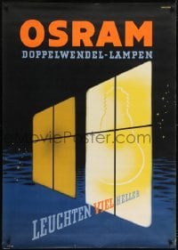 4c264 OSRAM 33x47 German advertising poster 1950s Walter Muller art of light bulb behind window!