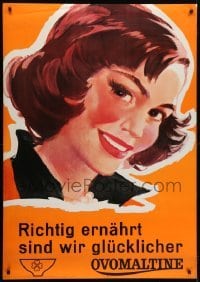 4c265 OVALTINE 36x50 Swiss advertising poster 1960s great close-up art of smiling woman!