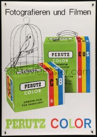 4c271 PERUTZ COLOR 36x51 Swiss advertising poster 1966 art of a bird in a cage next to film!