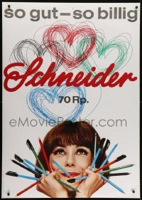 4c278 SCHNEIDER 36x50 Swiss advertising poster 1966 Annen image of smiling woman holding many pens