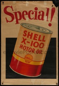 4c284 SHELL OIL COMPANY 33x48 advertising poster 1950s Special - Shell X-100 Motor Oil, cool art!