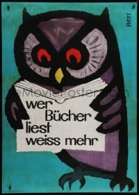 4c169 WER BUCHER LIEST WEISS MEHR 36x51 Swiss special poster 1956 Piatti art of owl reading book!