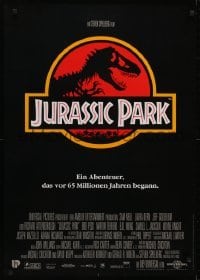 4f343 JURASSIC PARK German 1993 Steven Spielberg, classic logo with T-Rex over red background