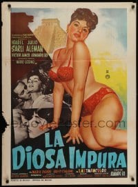 4f010 LA DIOSA IMPURA Mexican poster 1963 artwork of sexy Isabel Sarli in front of Aztec temple!
