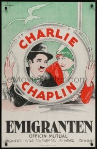 4f029 IMMIGRANT Swedish R1925 cool artwork of Charlie Chaplin and Edna Purviance in life ring!