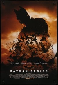 4g075 BATMAN BEGINS advance 1sh 2005 June 17, image of Christian Bale's head and cowl over bats!