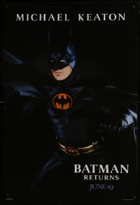 4g088 BATMAN RETURNS teaser 1sh 1992 Burton, Michael Keaton as caped crusader, cool dated design!