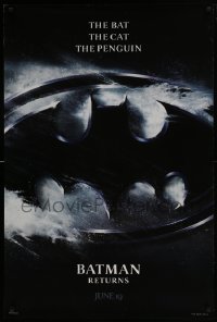 4g090 BATMAN RETURNS teaser DS 1sh 1992 Burton, Keaton, The Bat, The Cat, The Penguin, cool logo design