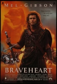 4g139 BRAVEHEART advance 1sh 1995 cool image of Mel Gibson as William Wallace!