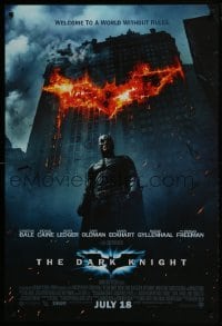 4g215 DARK KNIGHT int'l advance DS 1sh 2008 Christian Bale as Batman in front of burning bat symbol!