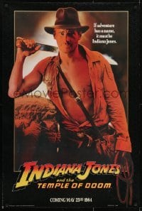 4g440 INDIANA JONES & THE TEMPLE OF DOOM teaser 1sh 1984 of Harrison Ford by Bruce Wolfe, white borders!
