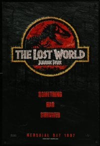 4g482 JURASSIC PARK 2 teaser DS 1sh 1997 Spielberg, classic logo with T-Rex over red background!