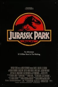 4g480 JURASSIC PARK DS 1sh 1993 Steven Spielberg, classic logo with T-Rex over red background