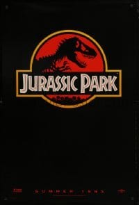 4g481 JURASSIC PARK teaser 1sh 1993 Steven Spielberg, classic logo with T-Rex over red background
