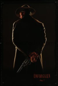 4g933 UNFORGIVEN teaser DS 1sh 1992 image of gunslinger Clint Eastwood w/back turned, dated design!