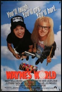 4g961 WAYNE'S WORLD int'l 1sh 1991 Mike Myers, Dana Carvey, one world, one party, excellent!