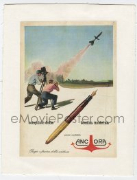 4h245 ANCORA linen Italian magazine ad 1950 cool art of fountain pen & men filming rocket launch!