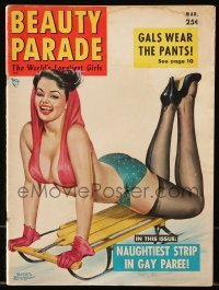 4h660 BEAUTY PARADE magazine March 1953 Peter Driben art of sexy near-naked girl on sled!