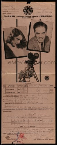 4h002 BARBARA STANWYCK/FRANK CAPRA exhibition 9x22 contract 1931 theater rented their movies!