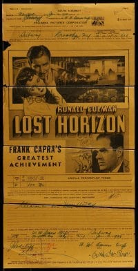 4h001 LOST HORIZON 11x21 exhibition contract 1938 theater rented this Frank Capra Columbia movie!