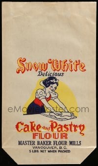 4h019 SNOW WHITE & THE SEVEN DWARFS 9x15 flour sack 1950s Delicious Cake & Pastry Flour!