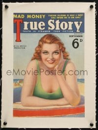 4j043 TRUE STORY linen English magazine cover September 1936 VT art of girl in swimsuit at the beach!